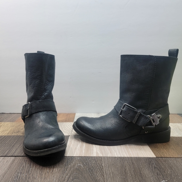 Gianni Bini Shoes - Women's Black Leather MOTO BOOTS 6M Biker Boots Side Buckle